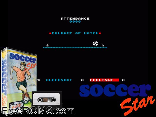 Soccer Star (UK) (19xx) Amstrad CPC game showing 3D box cover and gameplay screenshot