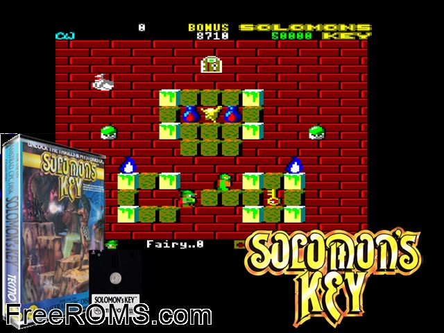 Solomon's Key (UK) (1986) Amstrad CPC game showing 3D box cover and gameplay screenshot