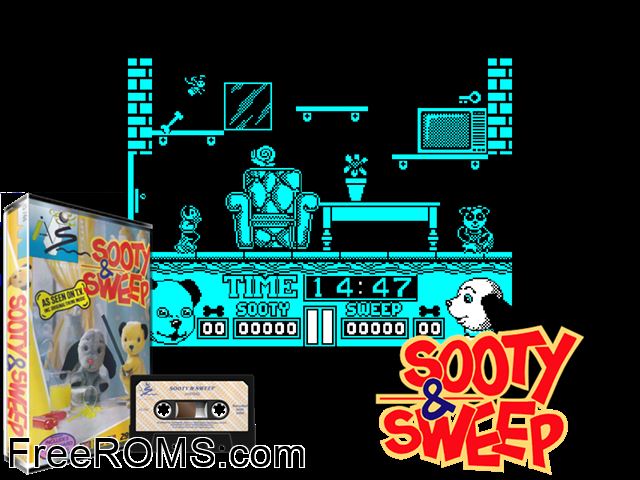 Sooty and Sweep (UK) (1989) Amstrad CPC game showing 3D box cover and gameplay screenshot