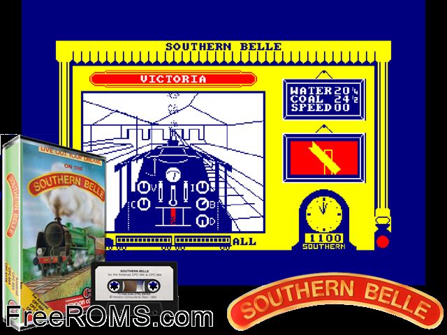 Southern Belle (UK) (1985) Amstrad CPC game showing 3D box cover and gameplay screenshot