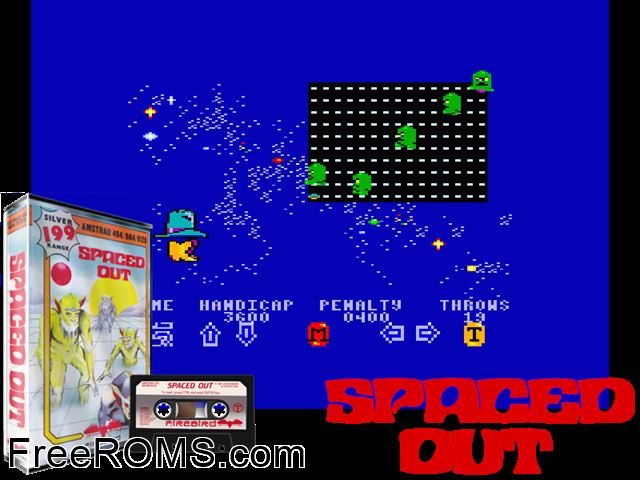 Spaced Out (UK) (1987) Amstrad CPC game showing 3D box cover and gameplay screenshot