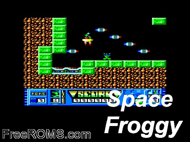 Space Froggy (UK) (1990) Amstrad CPC game showing 3D box cover and gameplay screenshot