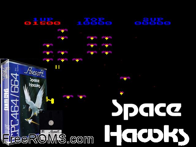 Space Hawks (UK) (1984) Amstrad CPC game showing 3D box cover and gameplay screenshot