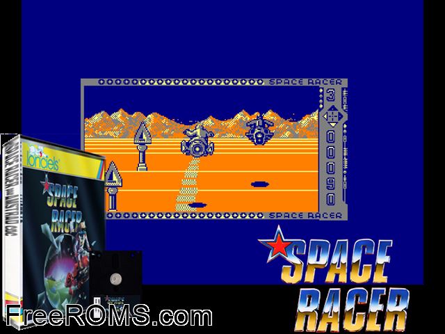 Space Racer (F) (1988) Amstrad CPC game showing 3D box cover and gameplay screenshot