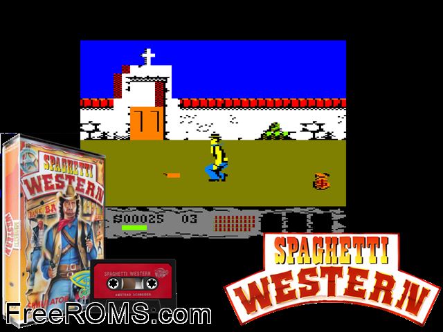 Spaghetti Western Simulator (UK) (1990) Amstrad CPC game showing 3D box cover and gameplay screenshot