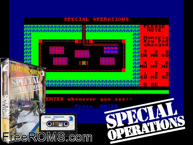 Special Operations (UK) (1985) Amstrad CPC game showing 3D box cover and gameplay screenshot
