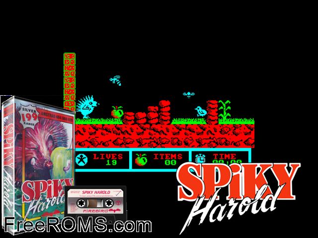 Spiky Harold (UK) (1986) Amstrad CPC game showing 3D box cover and gameplay screenshot