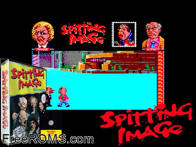 Spitting Image (UK) (1988) Amstrad CPC game showing 3D box cover and gameplay screenshot