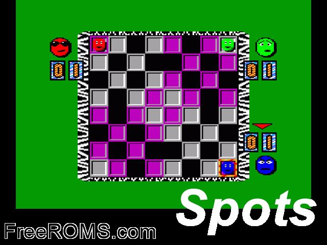 Spots (UK) (19xx) (Version 2.0) (pd) Amstrad CPC game showing 3D box cover and gameplay screenshot