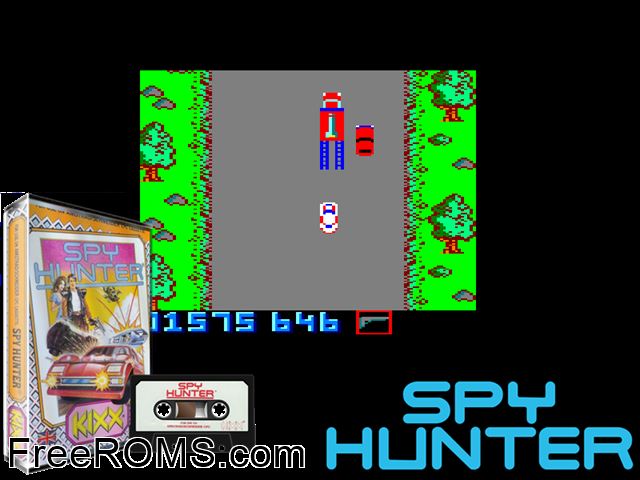 Spy Hunter (UK) (1986) Amstrad CPC game showing 3D box cover and gameplay screenshot