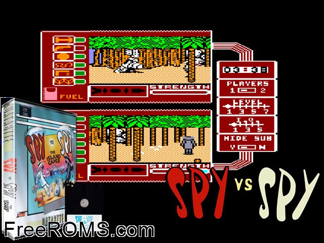 Spy vs Spy 2 - Island Caper (UK) (1987) Amstrad CPC game showing 3D box cover and gameplay screenshot
