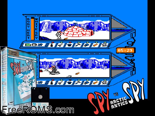 Spy vs Spy 3 - Arctic Antics (UK) (1987) Amstrad CPC game showing 3D box cover and gameplay screenshot