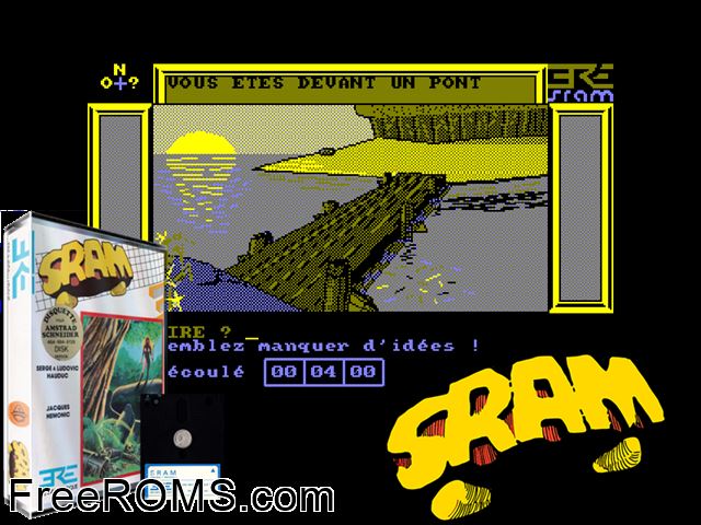 Sram (UK,F,G) (1986) (Disk 1 of 2) Amstrad CPC game showing 3D box cover and gameplay screenshot