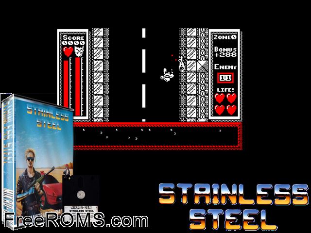 Stainless Steel (UK) (1986) Amstrad CPC game showing 3D box cover and gameplay screenshot