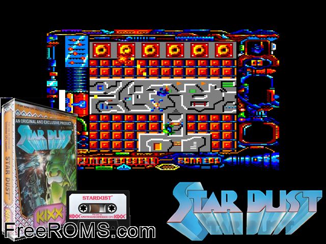 Stardust (S) (1987) Amstrad CPC game showing 3D box cover and gameplay screenshot