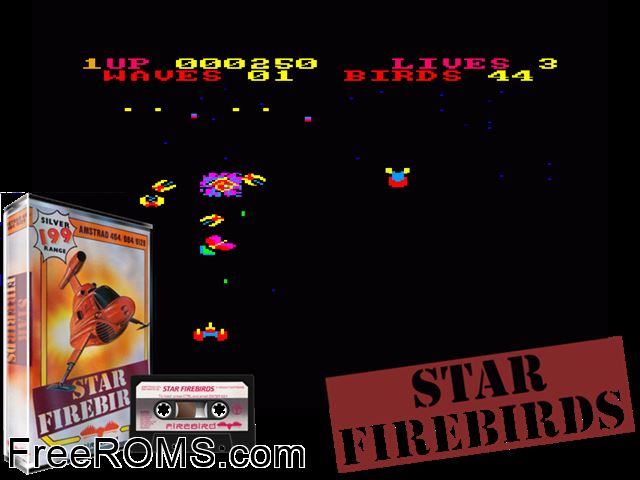 Star Firebirds (UK) (1986) Amstrad CPC game showing 3D box cover and gameplay screenshot
