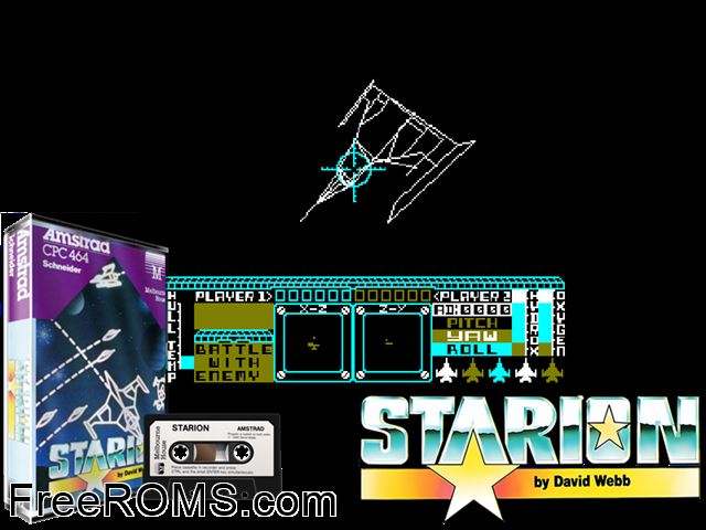 Starion (UK) (1985) Amstrad CPC game showing 3D box cover and gameplay screenshot