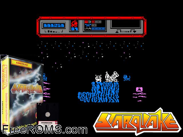 Starquake (UK) (1986) Amstrad CPC game showing 3D box cover and gameplay screenshot