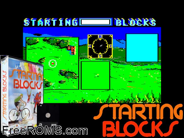 Starting Blocks (F) (1988) (Disk 1 of 2) Amstrad CPC game showing 3D box cover and gameplay screenshot