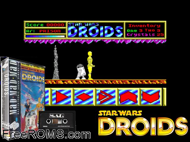Star Wars Droids (UK) (1988) Amstrad CPC game showing 3D box cover and gameplay screenshot