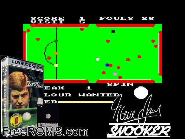Steve Davis Snooker (UK) (1985) Amstrad CPC game showing 3D box cover and gameplay screenshot