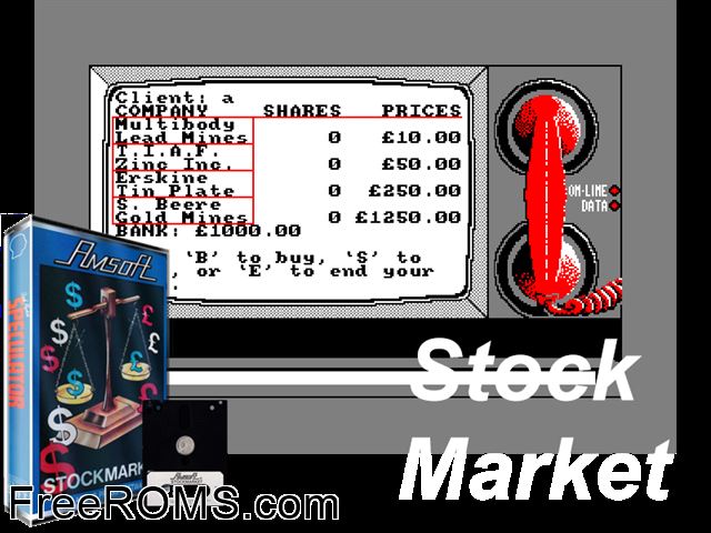 Stock Market (UK) (1985) Amstrad CPC game showing 3D box cover and gameplay screenshot