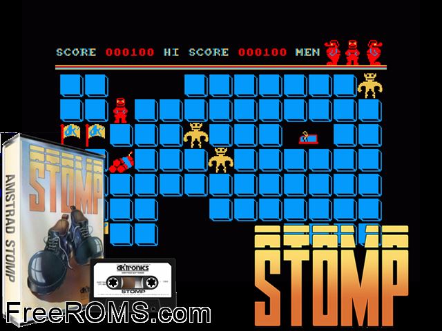 Stomp (UK) (1985) Amstrad CPC game showing 3D box cover and gameplay screenshot
