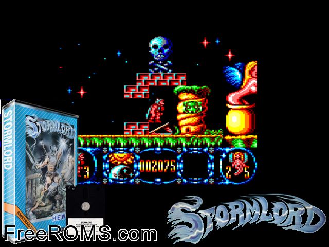Stormlord (UK) (1989) Amstrad CPC game showing 3D box cover and gameplay screenshot