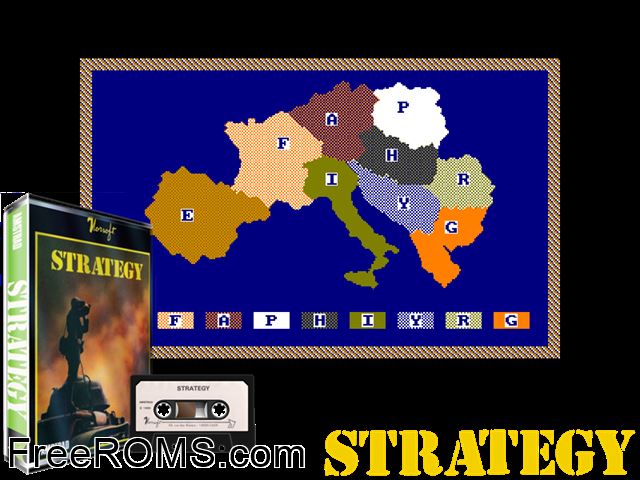 Strategy (F) (1986) Amstrad CPC game showing 3D box cover and gameplay screenshot