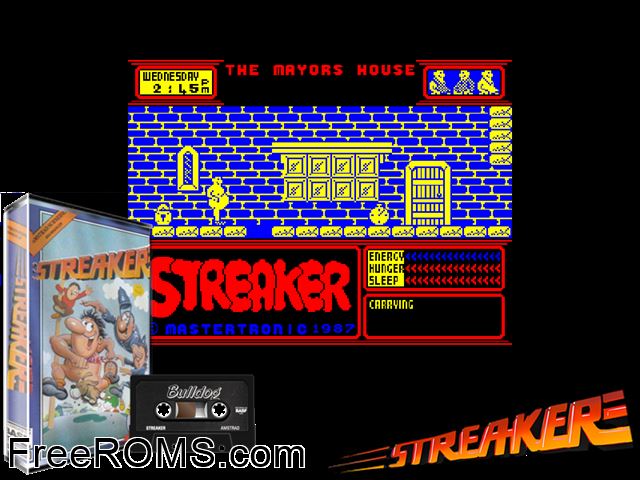 Streaker (UK) (1987) Amstrad CPC game showing 3D box cover and gameplay screenshot