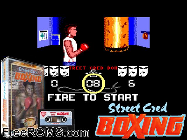 Street Cred Boxing (UK) (1989) Amstrad CPC game showing 3D box cover and gameplay screenshot