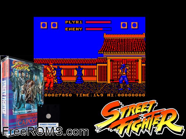 Street Fighter (UK) (1988) Amstrad CPC game showing 3D box cover and gameplay screenshot
