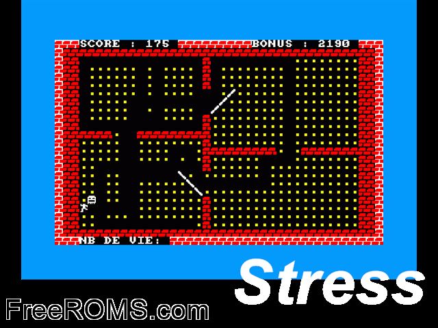 Stress (F) (19xx) (PD) Amstrad CPC game showing 3D box cover and gameplay screenshot