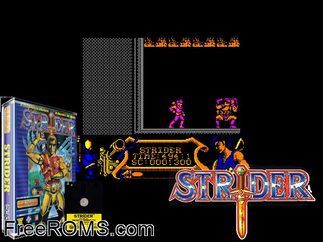 Strider (UK) (1989) Amstrad CPC game showing 3D box cover and gameplay screenshot