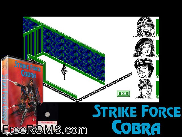 Strike Force Cobra (UK) (1986) Amstrad CPC game showing 3D box cover and gameplay screenshot
