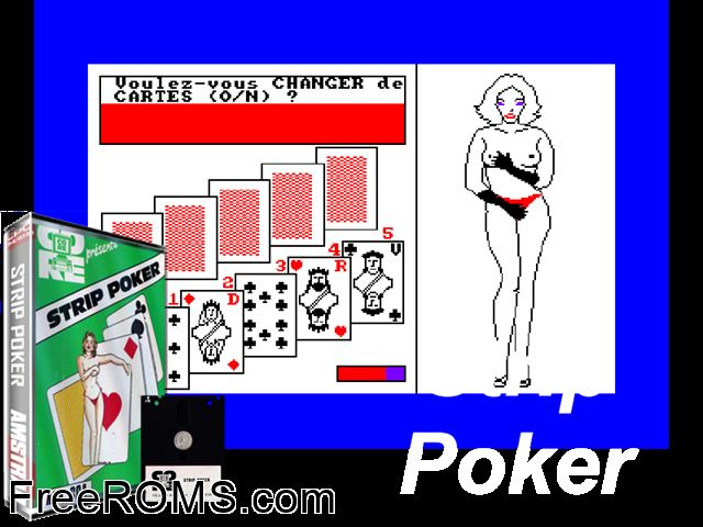Strip Poker (F) (1985) Amstrad CPC game showing 3D box cover and gameplay screenshot