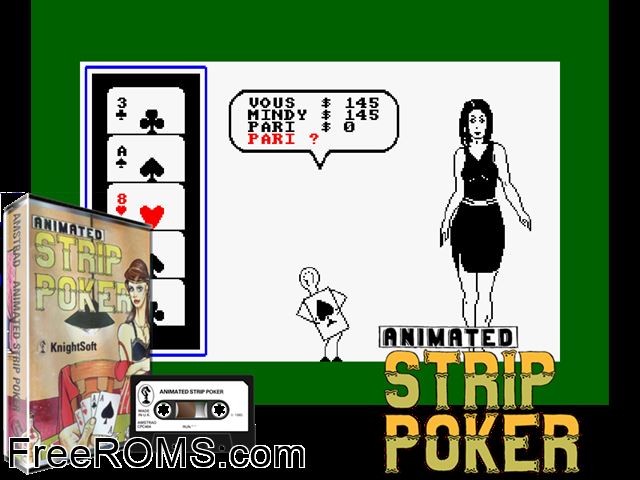 Strip Poker Animado (S) (1987) Amstrad CPC game showing 3D box cover and gameplay screenshot