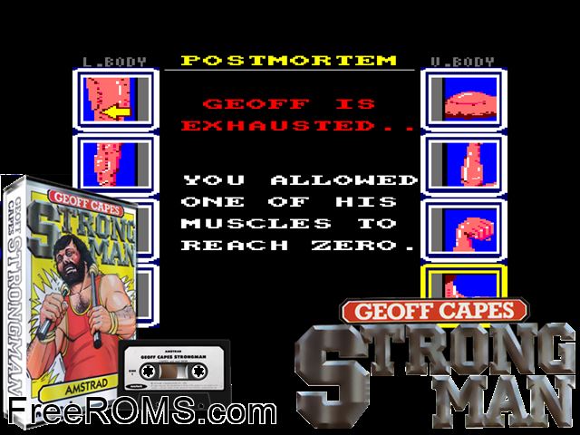 Strongman - Geoff Capes (UK) (1985) Amstrad CPC game showing 3D box cover and gameplay screenshot