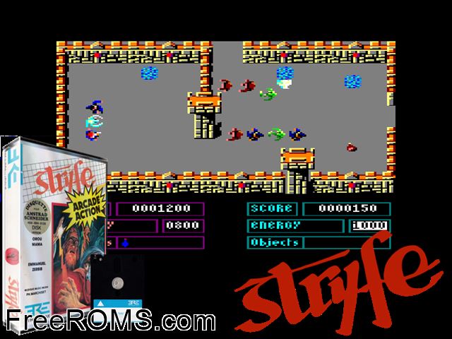 Stryfe (F) (1986) Amstrad CPC game showing 3D box cover and gameplay screenshot