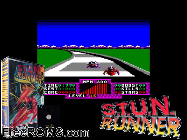 Stun Runner (UK) (1991) Amstrad CPC game showing 3D box cover and gameplay screenshot
