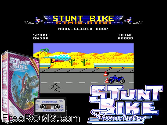 Stunt Bike Simulator (UK) (1988) Amstrad CPC game showing 3D box cover and gameplay screenshot