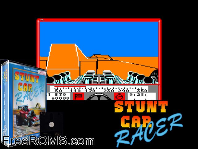 Stunt Car Racer Extended Version (UK) (1990) Amstrad CPC game showing 3D box cover and gameplay screenshot