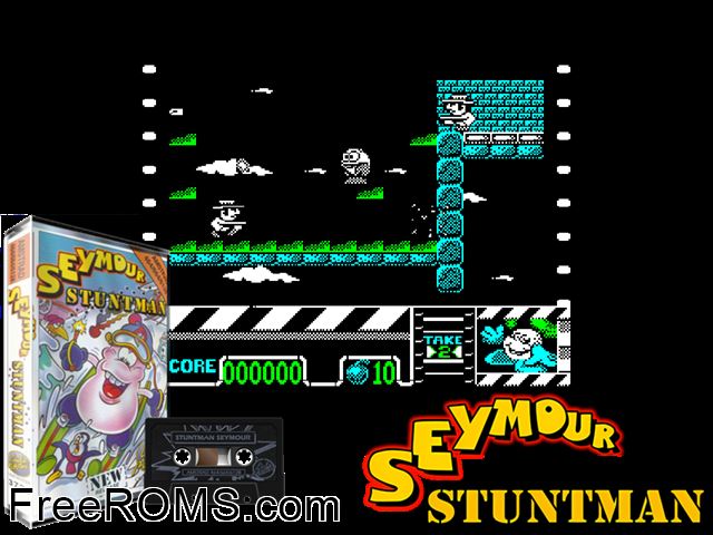 Stunt Man Seymour (UK) (1992) Amstrad CPC game showing 3D box cover and gameplay screenshot