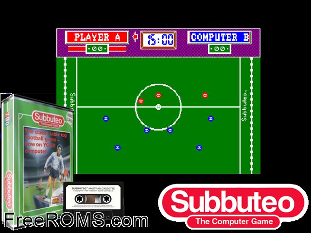 Subbuteo (UK) (1990) Amstrad CPC game showing 3D box cover and gameplay screenshot