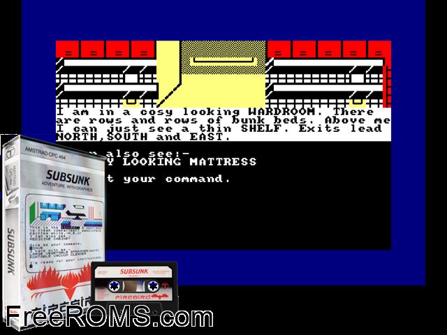 Sub Sunk (UK) (1985) Amstrad CPC game showing 3D box cover and gameplay screenshot