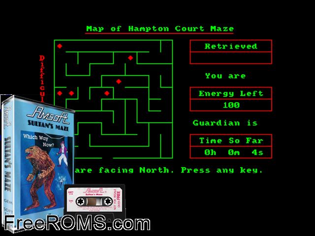 Sultan's Maze (S) (1984) Amstrad CPC game showing 3D box cover and gameplay screenshot