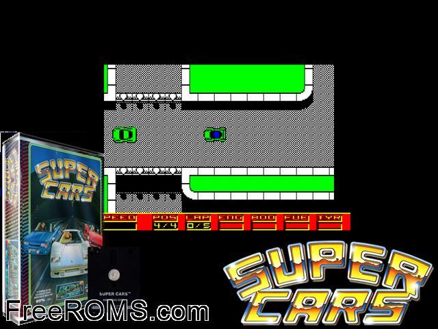 Super Cars (UK) (1990) Amstrad CPC game showing 3D box cover and gameplay screenshot