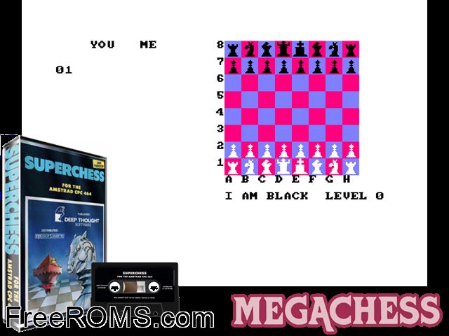 Super Chess (UK) (1984) Amstrad CPC game showing 3D box cover and gameplay screenshot