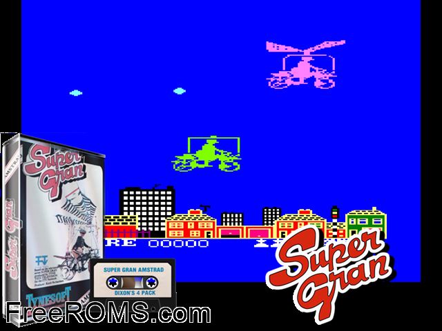 Super Gran (UK) (1985) Amstrad CPC game showing 3D box cover and gameplay screenshot