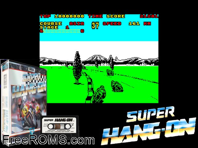 Super Hang On (UK) (1986) Amstrad CPC game showing 3D box cover and gameplay screenshot